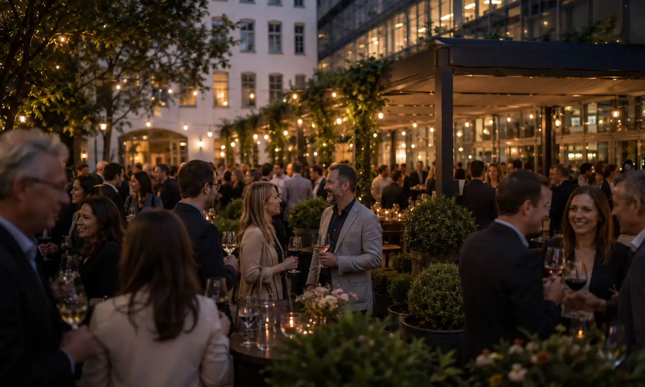 Firmen-Event in der Eventlocation Weingarten Frankfurt mit Gästen bei einem stilvollen Networking-Abend auf der Terrasse.