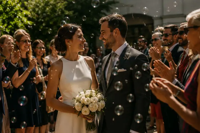 Hochzeit im Weingarten Frankfurt mit Brautpaar und Gästen